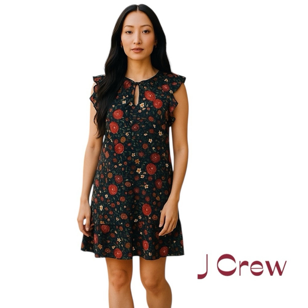 J Crew Black Red Floral Ruffle Dress NWOT Size XXS
